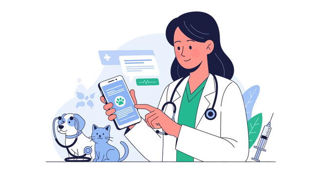 A female veterinarian using a mobile application on her smartphone to manage pet healthcare for a dog and a cat.