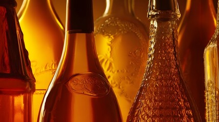 backlighting. An elegant display of wine bottles showcasing intricate glass textures and labels, illuminated by warm backlighting. bar promotions.