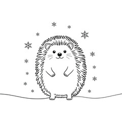 Adorable hedgehog standing in the snow with snowflakes falling