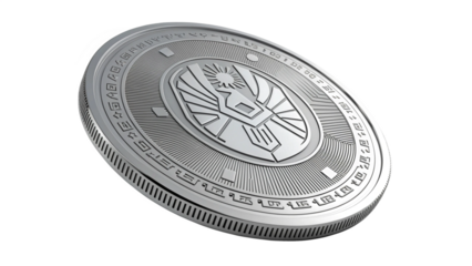 A detailed, silver coin with intricate relief patterns and symbolic imagery, isolated on a transparent background