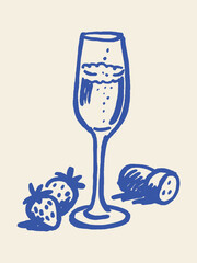 champagne glass with strawberries naive hand drawn vector illustration