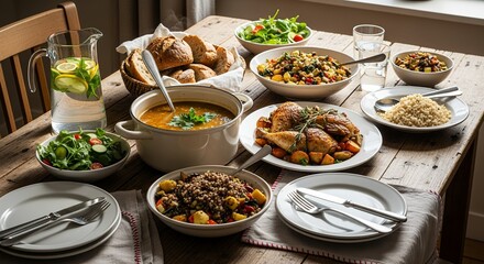 Overhead shot of a rustic wooden table laden with healthy dishes, including salad, soup, roast chicken and grain bowls, for a nutritious meal. Concept for family gathering and healthy eating