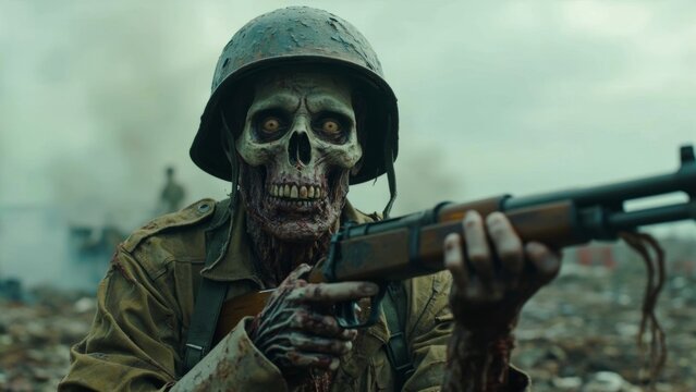 Intense Undead Soldier Zombie Aiming Rifle in Battlefield Close-up

DESCRIPTION

An extremely intense and chilling close-up shot of an undead soldier zombie, holding a bolt-action rifle and aiming dir