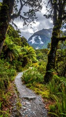 Lush Trail Through Verdant Rainforest to Distant Mountains.