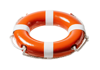 An orange life preserver with white bands and rope, isolated against a black background