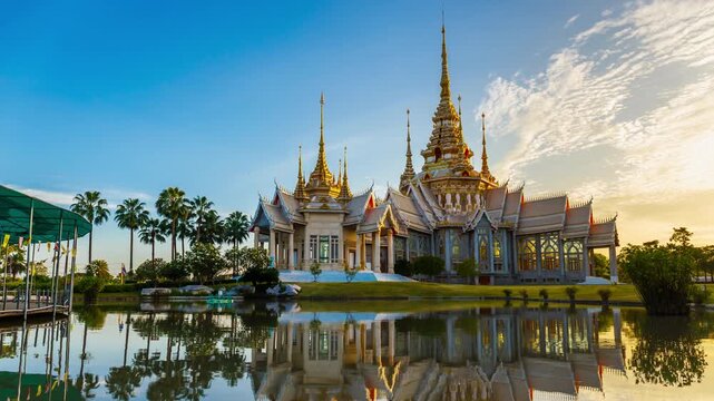 Timelapse of Wat Non Kum or Wat Luang Pho To in Sikhio District, Nakhon Ratchasima, Korat, Thailand is a symbolic place of temples in Thailand. At sunset, there is a reflection in the water.