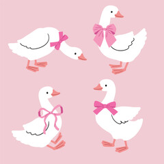 Set of cute vector goose with bow. Hand drawn white geese characters on isolated background. Perfect for sticker, tee shirt logo, greeting card, poster or nursery print design.