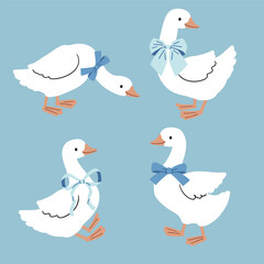 Set of cute vector goose with bow. Hand drawn white geese characters on isolated background. Perfect for sticker, tee shirt logo, greeting card, poster or nursery print design.