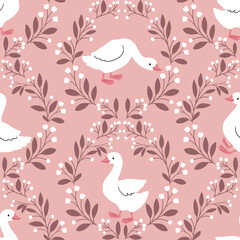 Seamless vector pattern with cute white goose. Hand drawn vector duck, with tiny flowers. Perfect for textile, wallpaper or nursery print design. EPS10 vector file.