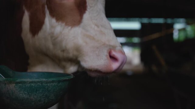Domestic brown and white simmental cow drinking fresh water from an automatic drinker in a cowshed. The animal then licks its wet muzzle with its tongue and moves away from the camera