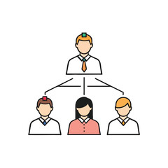 Colorful line art icon of a business organizational chart showing a manager leading a team.