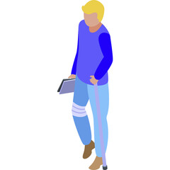Person With Blonde Hair Walking With Crutch Holding A Tablet Computer In A Light Blue Long Sleeved Shirt And Light Blue Pants Isolated On White Background
