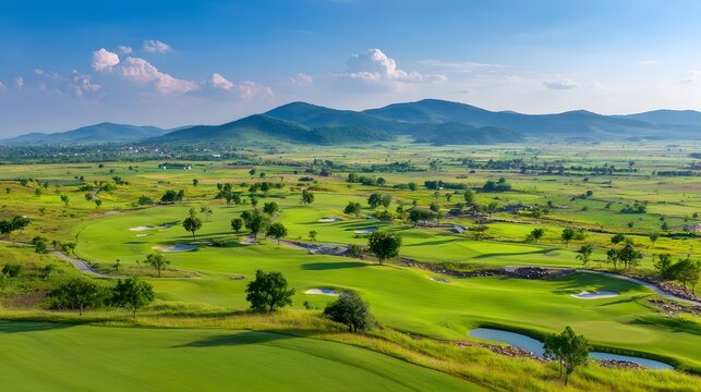 fairway. Vast green golf course under bright sunlight, capturing the tranquility of open landscapes. travel magazines, destination branding, designed for outdoor magazines and nature guides.