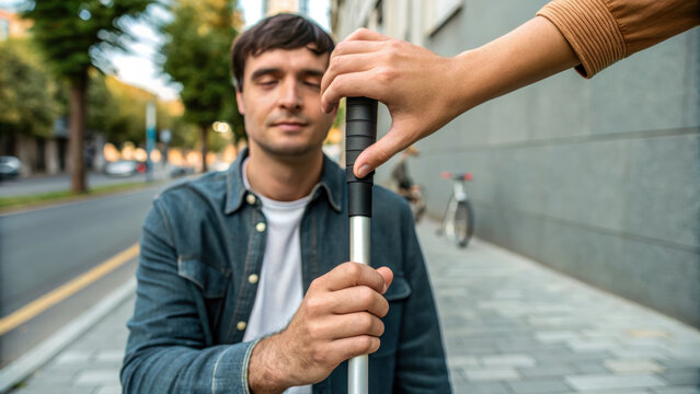 Blind man receives white cane from caregiver assist for disability safety on city sidewalk calm confident