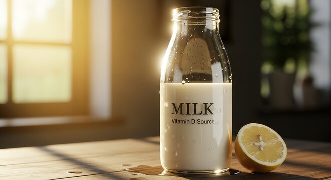 Fresh milk bottle with lemon slice on wooden surface, sunlight through window; concept for healthy breakfast, dairy product promotion and vitamin D nutrition awareness