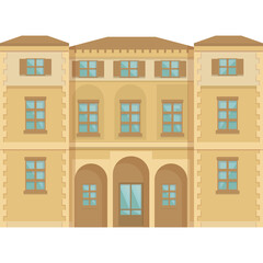 Pale Yellow Building With Arched Entrance and Multiple Windows Detailed Facade in Daylight Flat Vector Illustration