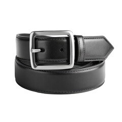 Close-up of a black leather belt with a silver buckle, curled on itself