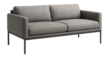 Minimalist straight sofa with a steel frame and grey microfiber, ideal for modern open