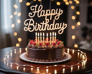 Celebrate a Special Day with This Delicious Chocolate Birthday Cake Adorned with Fresh Berries and Lit Candles Surrounded by Twinkling Lights Perfect for Any Festive Occasion