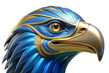 Blue and gold eagle head isolated on transparent background, detailed feathers