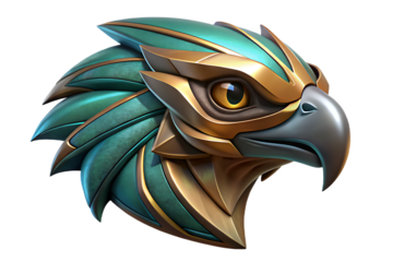 Majestic golden eagle head isolated on transparent background, 3d rendering