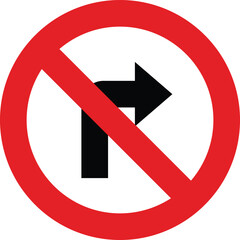 Red circular prohibition sign indicating no right turn allowed on road