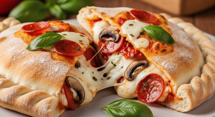 Close-up of a calzone cut in half, melted cheese stretching between the halves