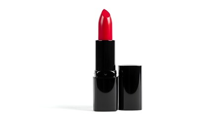 A glossy red lipstick tube standing upright, centered on white surface