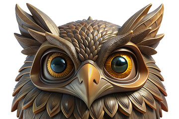 Detailed owl face isolated on transparent background, 3d rendering