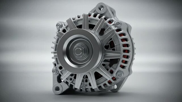 Close-up of a car alternator with metallic casing and visible copper windings on a light grey background