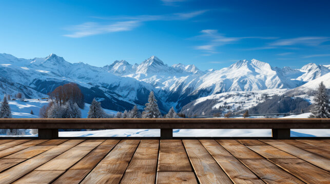 Snowy mountain landscape featuring a wooden bench overlooking majestic peaks under a clear blue sky during winter