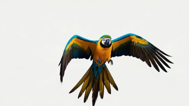 Blue-and-yellow Macaw parrot flying with wings spread wide against a clean white background