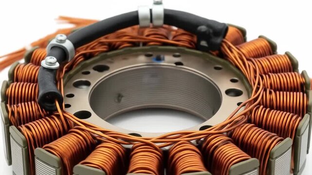 A close-up view of a motor stator with copper windings and metal casing
