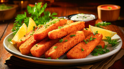 Crispy golden fish sticks served on plate with lemon wedges and dipping sauces in cozy dining setting