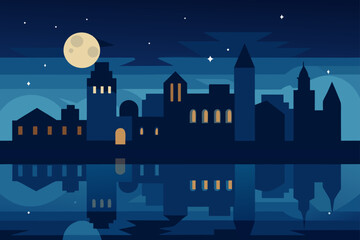 Fototapeta premium Stylized cityscape at night with a full moon and water reflection