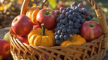 A Rustic Wicker Basket Overflowing With A Bountiful Harvest Of Fresh Autumn Fruits And Vegetables Perfect For Seasonal Celebrations And Decor