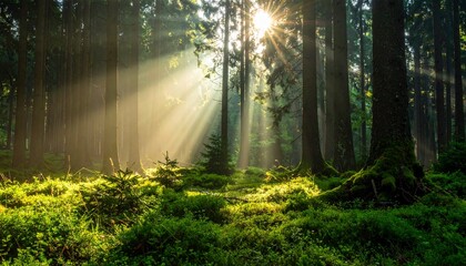Obraz premium Sunlight streams through tall trees in a lush green forest, illuminating the mossy ground with ethereal rays.
