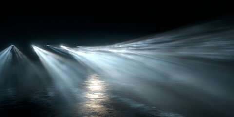 Obraz premium Ethereal Rays of Light Breaking Through Dense Mist and Creating a Dreamlike Atmosphere in a Dark Space