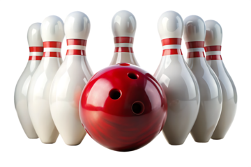 bowling ball and pins on white background. PNG. AI Generated.