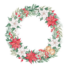 Watercolor Christmas wreath from traditional winter foliage - poinsettia flowers,  berries, leaves, fir branches. Round frame for designing festive card, banner, invitation. Festive Christmas design