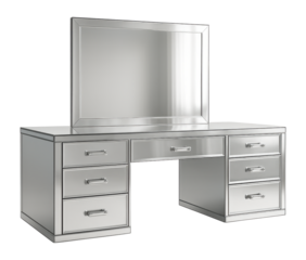 A spacious mirrored vanity table with plenty of storage, ideal for a master bedroom.