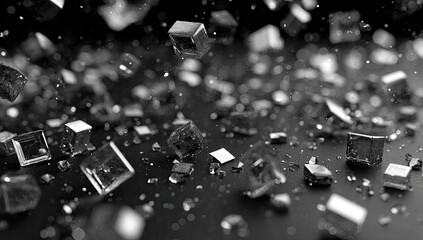 Abstract close-up of dark, reflective cubic particles scattered on a dark surface