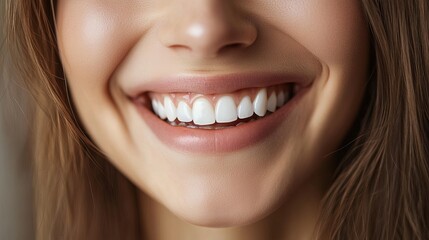 Fototapeta premium An extreme close-up of a woman's radiant smile, showcasing healthy white teeth and genuine joy. Perfect for dental care, happiness, and beauty concepts.