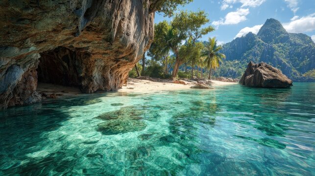 Hidden Beach Paradise - Turquoise Waters, Rocky Cliffs, and Distant Mountains under a Sunny Sky.