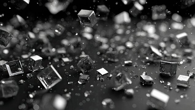 Abstract close-up of dark, reflective cubic particles scattered on a dark surface