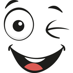Winking Cartoon Face with Big Eye and Wide Smile Expressing Playfulness and Mirth on Transparent Background