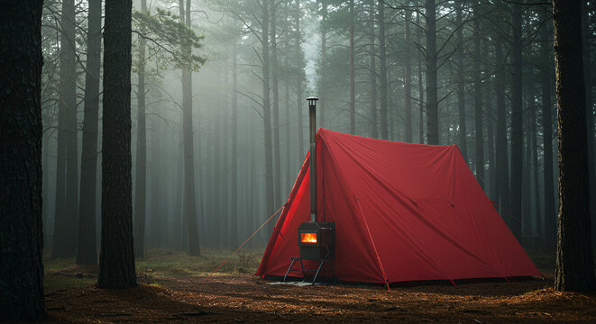 Red tent with stove in a foggy forest providing warmth and shelter for campers