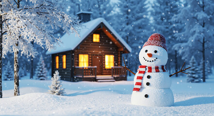 Fototapeta premium Snowman wearing striped scarf standing near cozy wooden cabin in winter 