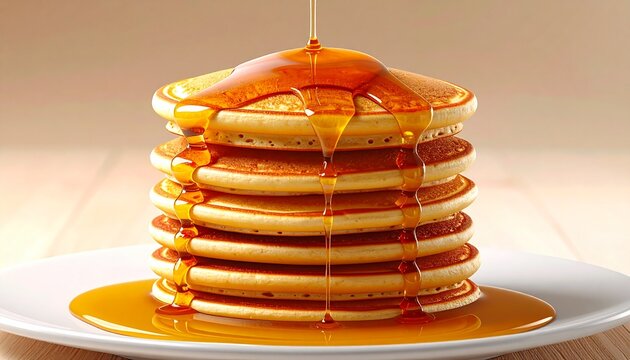 A delicious stack of golden-brown pancakes on a white plate, with sweet maple syrup being poured over the top.