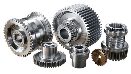 Gears and engine components isolated on white background